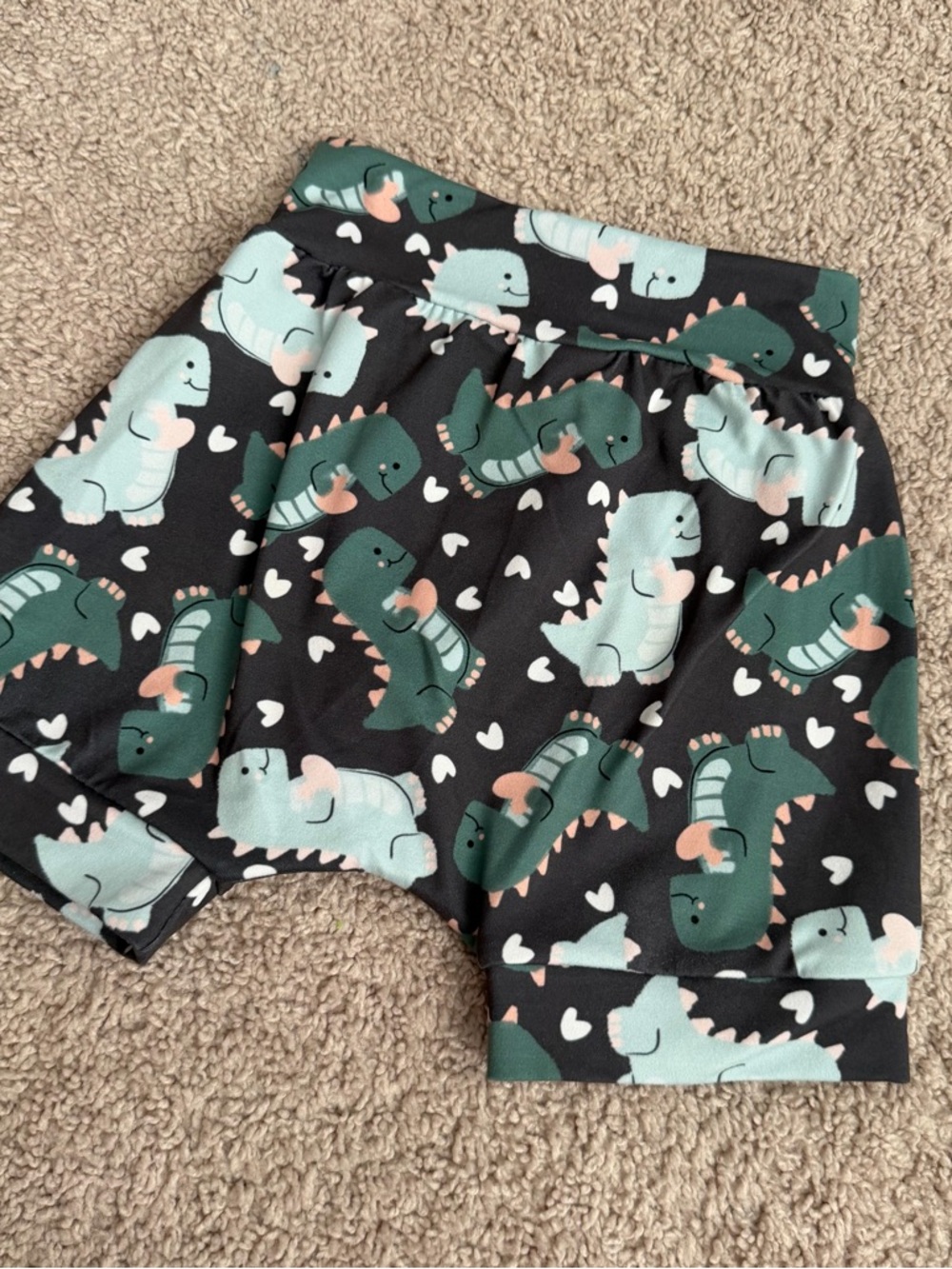 Handmade Kids' Dino Heart Shorts in Black and Mint